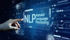 Sebuah tangan menunjuk ke antarmuka digital yang menampilkan teks NLP: Teknik Komunikasi yang Mengubah Cara Berinteraksi, dikelilingi oleh ikon-ikon futuristik dan kode biner dengan latar belakang biru.