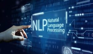Sebuah tangan menunjuk ke antarmuka digital yang menampilkan teks NLP: Teknik Komunikasi yang Mengubah Cara Berinteraksi, dikelilingi oleh ikon-ikon futuristik dan kode biner dengan latar belakang biru.