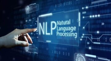 Sebuah tangan menunjuk ke antarmuka digital yang menampilkan teks NLP: Teknik Komunikasi yang Mengubah Cara Berinteraksi, dikelilingi oleh ikon-ikon futuristik dan kode biner dengan latar belakang biru.