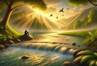 Foto ilustrasi : sebuah sungai yang mengalir tenang di lembah hijau, melambangkan rezeki yang datang dengan alami tanpa harus dikejar.