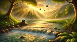 Foto ilustrasi : sebuah sungai yang mengalir tenang di lembah hijau, melambangkan rezeki yang datang dengan alami tanpa harus dikejar.