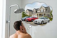 Pria sedang mandi sambil membayangkan mobil dan rumah, memanfaatkan imajinasi bawah sadar untuk visualisasi dan perencanaan tujuan