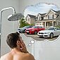 Pria sedang mandi sambil membayangkan mobil dan rumah, memanfaatkan imajinasi bawah sadar untuk visualisasi dan perencanaan tujuan