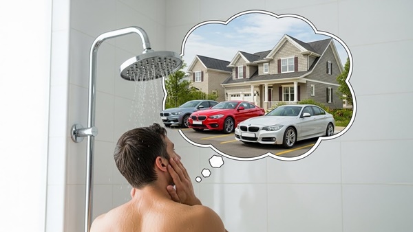 Pria sedang mandi sambil membayangkan mobil dan rumah, memanfaatkan imajinasi bawah sadar untuk visualisasi dan perencanaan tujuan