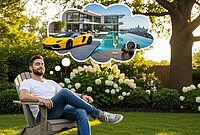 Pria berimajinasi tentang mobil dan rumah sebagai simbol visualisasi pikiran bawah sadar yang bekerja di mana pun tanpa gangguan