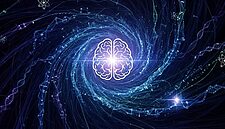 Otak yang bercahaya dan bergaya berpusat di pusaran cahaya yang berputar-putar, dengan untaian DNA, simbol atom, dan petunjuk halus NLP dan Hypnosis, yang mewakili sains, pengetahuan, dan kekuatan pikiran.