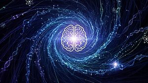 Otak yang bercahaya dan bergaya berpusat di pusaran cahaya yang berputar-putar, dengan untaian DNA, simbol atom, dan petunjuk halus NLP dan Hypnosis, yang mewakili sains, pengetahuan, dan kekuatan pikiran.