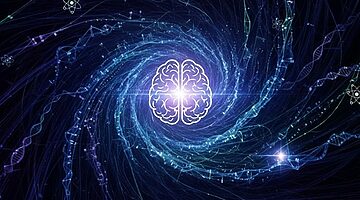 Otak yang bercahaya dan bergaya berpusat di pusaran cahaya yang berputar-putar, dengan untaian DNA, simbol atom, dan petunjuk halus NLP dan Hypnosis, yang mewakili sains, pengetahuan, dan kekuatan pikiran.