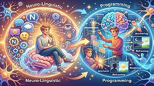 Sebuah ilustrasi yang hidup membandingkan NLP dan pemrograman, menunjukkan seseorang di otak dengan simbol-simbol seperti roda gigi, emoji, dan mata di satu sisi, dan pengkodean, diagram otak, dan ikon digital di sisi lain.
