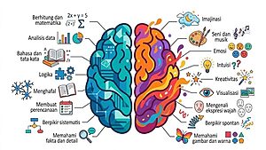 Diagram Otak Kiri dan Otak Kanan: sisi kiri berwarna biru dengan ikon matematika, logika, analisis, perencanaan, dan memori; sisi kanan berwarna oranye dengan ikon seni, musik, kreativitas, intuisi, imajinasi, warna, dan pengenalan wajah. Teks berbahasa Indonesia.