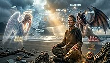 Seorang pria bermeditasi di pantai saat matahari terbenam, dengan malaikat di sebelah kirinya dan setan di sebelah kanannya. Elemen visual mencerminkan logika dan intuisi, melambangkan pengambilan keputusan yang tajam. Teks bahasa Indonesia menjelaskan setiap konsep.