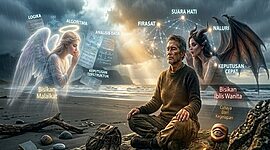 Seorang pria bermeditasi di pantai saat matahari terbenam, dengan malaikat di sebelah kirinya dan setan di sebelah kanannya. Elemen visual mencerminkan logika dan intuisi, melambangkan pengambilan keputusan yang tajam. Teks bahasa Indonesia menjelaskan setiap konsep.
