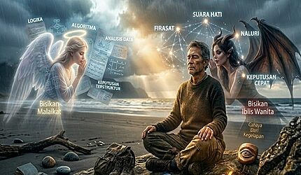 Seorang pria bermeditasi di pantai saat matahari terbenam, dengan malaikat di sebelah kirinya dan setan di sebelah kanannya. Elemen visual mencerminkan logika dan intuisi, melambangkan pengambilan keputusan yang tajam. Teks bahasa Indonesia menjelaskan setiap konsep.
