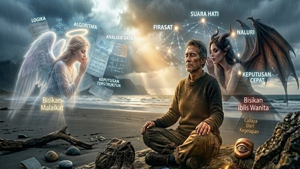 Seorang pria bermeditasi di pantai saat matahari terbenam, dengan malaikat di sebelah kirinya dan setan di sebelah kanannya. Elemen visual mencerminkan logika dan intuisi, melambangkan pengambilan keputusan yang tajam. Teks bahasa Indonesia menjelaskan setiap konsep.