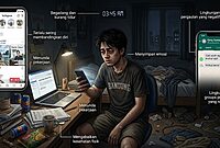 Seorang pria muda yang lelah duduk di sebuah kamar yang berantakan pada pukul 3:45 pagi, menatap ponselnya. Media sosial dan aplikasi chatting menyala di layarnya, dikelilingi oleh label teks yang berantakan, mengungkapkan Kebiasaan Diam-diam yang Merusak Kualitas Hidup dan perjuangan kesehatan mental yang sedang berlangsung.