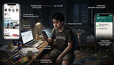 Seorang pria muda yang lelah duduk di sebuah kamar yang berantakan pada pukul 3:45 pagi, menatap ponselnya. Media sosial dan aplikasi chatting menyala di layarnya, dikelilingi oleh label teks yang berantakan, mengungkapkan Kebiasaan Diam-diam yang Merusak Kualitas Hidup dan perjuangan kesehatan mental yang sedang berlangsung.