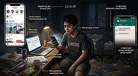 Seorang pria muda yang lelah duduk di sebuah kamar yang berantakan pada pukul 3:45 pagi, menatap ponselnya. Media sosial dan aplikasi chatting menyala di layarnya, dikelilingi oleh label teks yang berantakan, mengungkapkan Kebiasaan Diam-diam yang Merusak Kualitas Hidup dan perjuangan kesehatan mental yang sedang berlangsung.