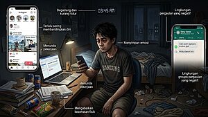 Seorang pria muda yang lelah duduk di sebuah kamar yang berantakan pada pukul 3:45 pagi, menatap ponselnya. Media sosial dan aplikasi chatting menyala di layarnya, dikelilingi oleh label teks yang berantakan, mengungkapkan Kebiasaan Diam-diam yang Merusak Kualitas Hidup dan perjuangan kesehatan mental yang sedang berlangsung.