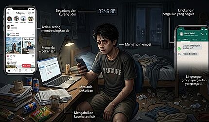 Seorang pria muda yang lelah duduk di sebuah kamar yang berantakan pada pukul 3:45 pagi, menatap ponselnya. Media sosial dan aplikasi chatting menyala di layarnya, dikelilingi oleh label teks yang berantakan, mengungkapkan Kebiasaan Diam-diam yang Merusak Kualitas Hidup dan perjuangan kesehatan mental yang sedang berlangsung.