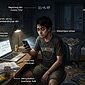 Seorang pria muda yang lelah duduk di sebuah kamar yang berantakan pada pukul 3:45 pagi, menatap ponselnya. Media sosial dan aplikasi chatting menyala di layarnya, dikelilingi oleh label teks yang berantakan, mengungkapkan Kebiasaan Diam-diam yang Merusak Kualitas Hidup dan perjuangan kesehatan mental yang sedang berlangsung.