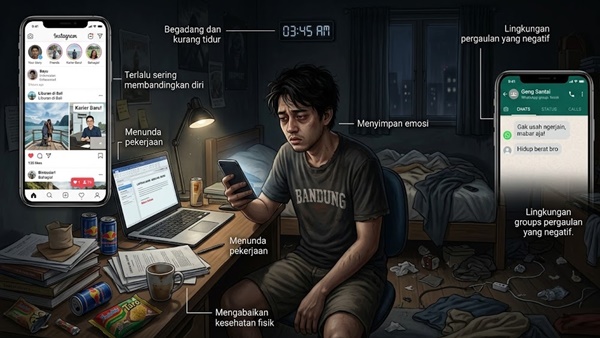 Seorang pria muda yang lelah duduk di sebuah kamar yang berantakan pada pukul 3:45 pagi, menatap ponselnya. Media sosial dan aplikasi chatting menyala di layarnya, dikelilingi oleh label teks yang berantakan, mengungkapkan Kebiasaan Diam-diam yang Merusak Kualitas Hidup dan perjuangan kesehatan mental yang sedang berlangsung.