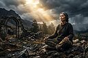 Seorang wanita tua duduk bersila di atas bebatuan di dekat reruntuhan kuno, bermandikan sinar matahari yang dramatis menembus awan badai, dikelilingi oleh pegunungan dan hutan lebat, memeluk kenyamanan dan pencerahan yang tenang.