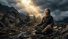 Seorang wanita tua duduk bersila di atas bebatuan di dekat reruntuhan kuno, bermandikan sinar matahari yang dramatis menembus awan badai, dikelilingi oleh pegunungan dan hutan lebat, memeluk kenyamanan dan pencerahan yang tenang.