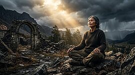 Seorang wanita tua duduk bersila di atas bebatuan di dekat reruntuhan kuno, bermandikan sinar matahari yang dramatis menembus awan badai, dikelilingi oleh pegunungan dan hutan lebat, memeluk kenyamanan dan pencerahan yang tenang.