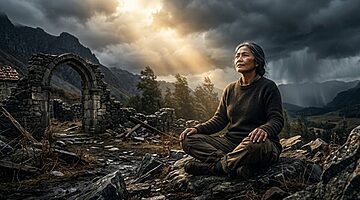 Seorang wanita tua duduk bersila di atas bebatuan di dekat reruntuhan kuno, bermandikan sinar matahari yang dramatis menembus awan badai, dikelilingi oleh pegunungan dan hutan lebat, memeluk kenyamanan dan pencerahan yang tenang.