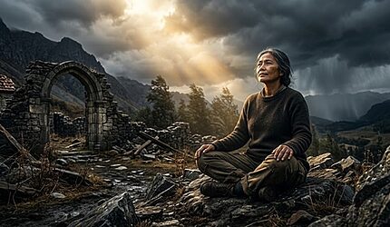 Seorang wanita tua duduk bersila di atas bebatuan di dekat reruntuhan kuno, bermandikan sinar matahari yang dramatis menembus awan badai, dikelilingi oleh pegunungan dan hutan lebat, memeluk kenyamanan dan pencerahan yang tenang.