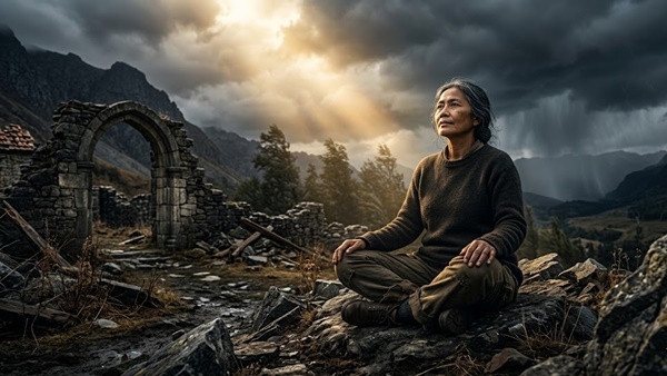 Seorang wanita tua duduk bersila di atas bebatuan di dekat reruntuhan kuno, bermandikan sinar matahari yang dramatis menembus awan badai, dikelilingi oleh pegunungan dan hutan lebat, memeluk kenyamanan dan pencerahan yang tenang.